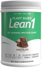 LEAN1 chocolate tub front showing packaging for on-the-go meal replacement.