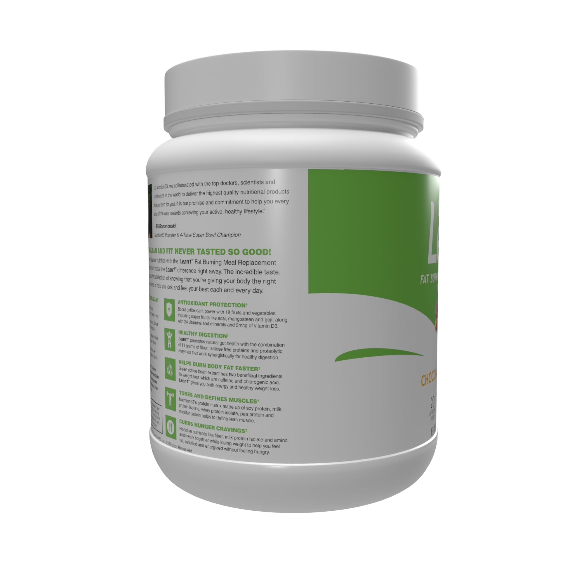 LEAN1 digestive blend highlighting fiber and enzymes for digestion support.