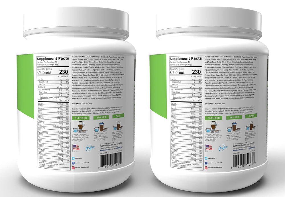 LEAN1 nutrition label close-up highlights protein and fiber content for lean meals.