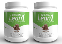 LEAN1 meal replacement shake chocolate tub shown on shelf for a quick, nutritious meal.