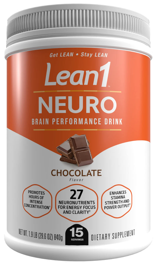 LEAN1 Neuro Chocolate bottle pouring, promotes focused energy for a busy day