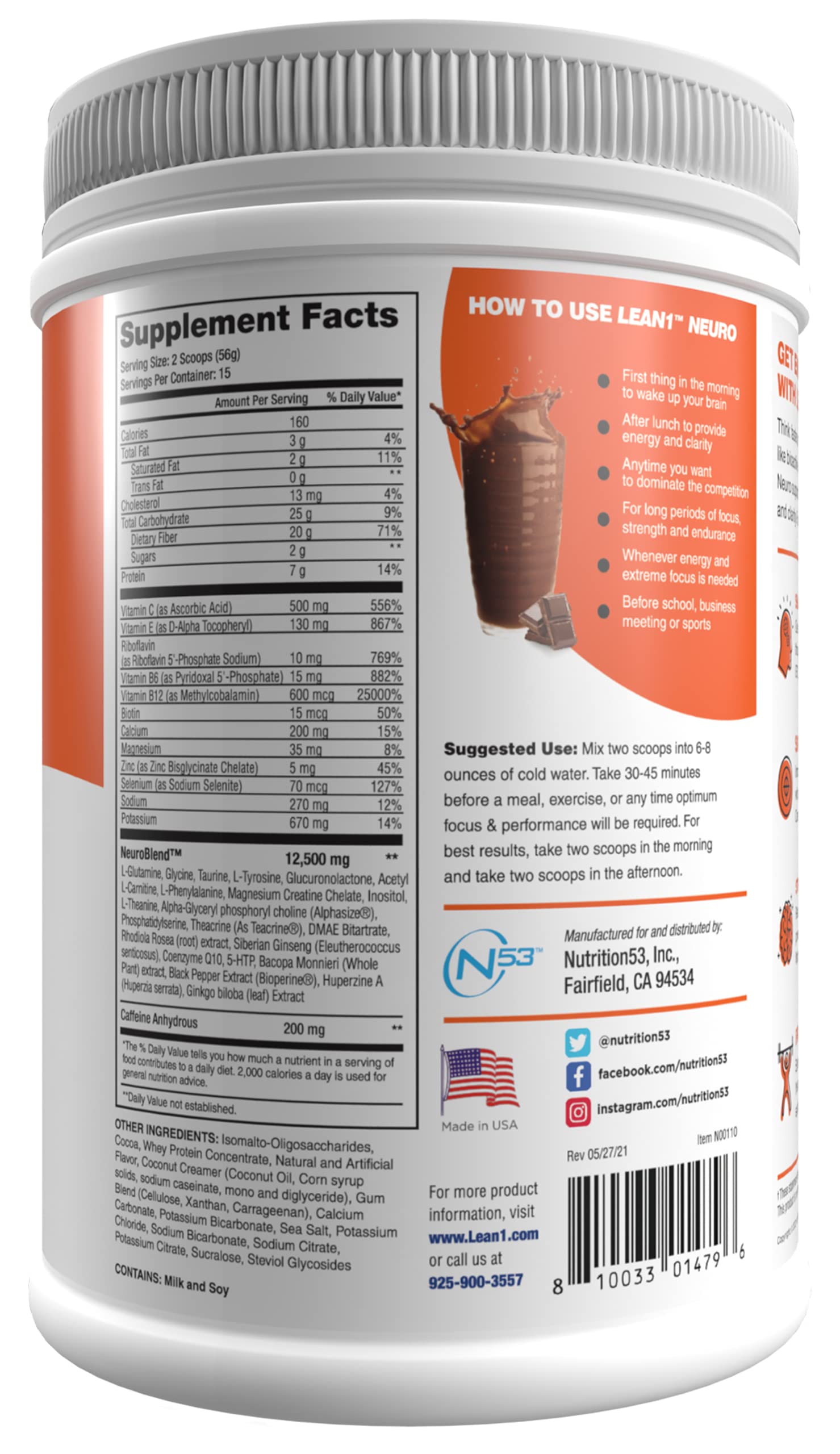LEAN1 Neuro Chocolate tub front, high-impact brain support on demand