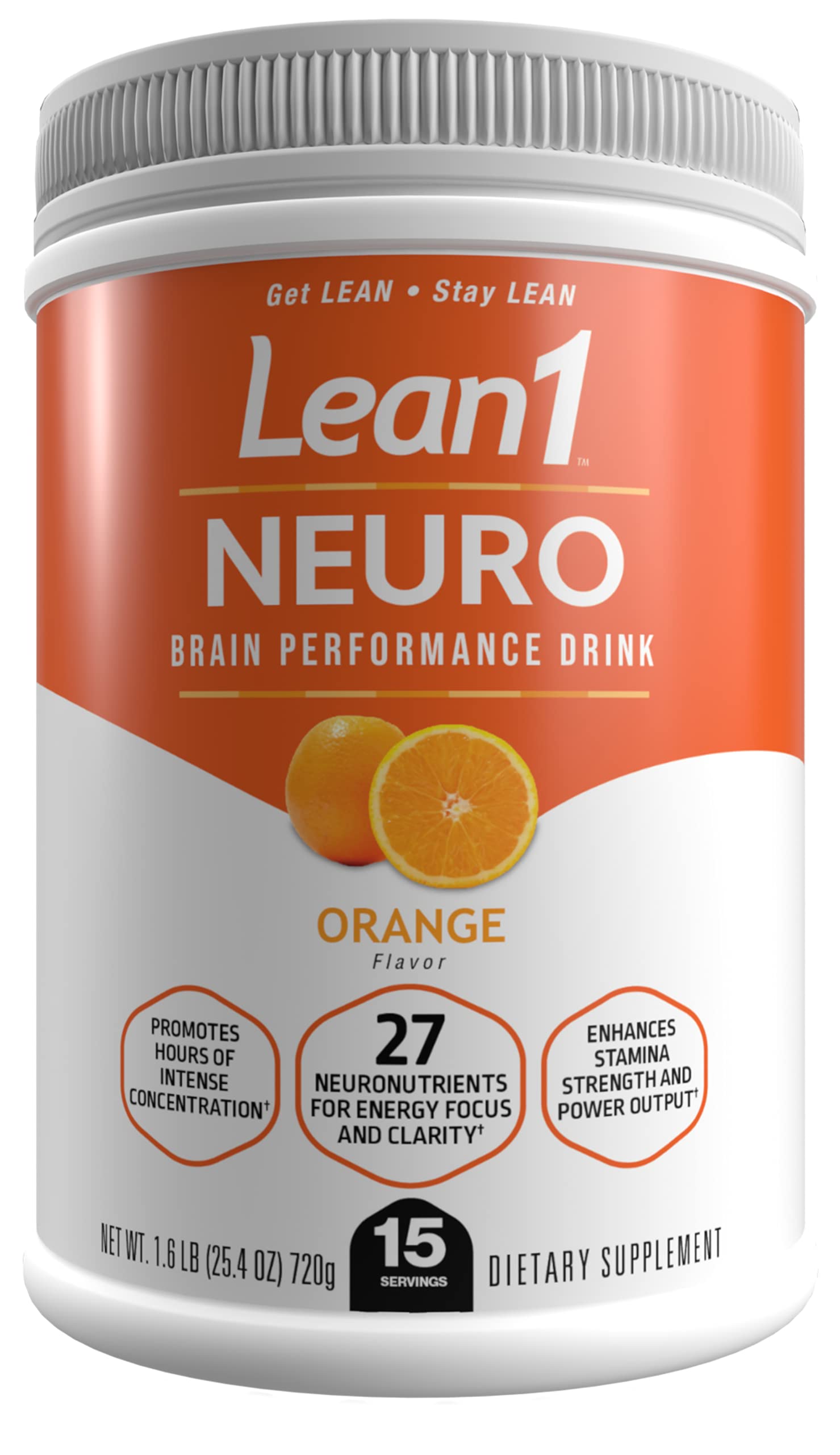 LEAN1 Neuro orange powder tub ready to mix for sharper daytime focus