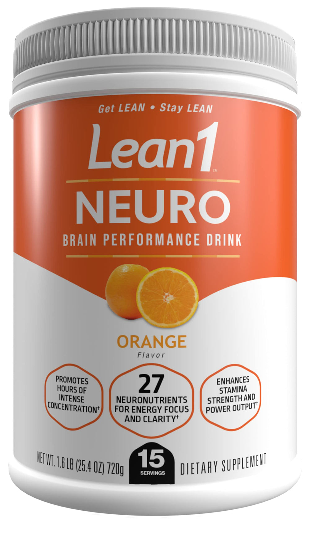 LEAN1 Neuro orange powder tub ready to mix for sharper daytime focus
