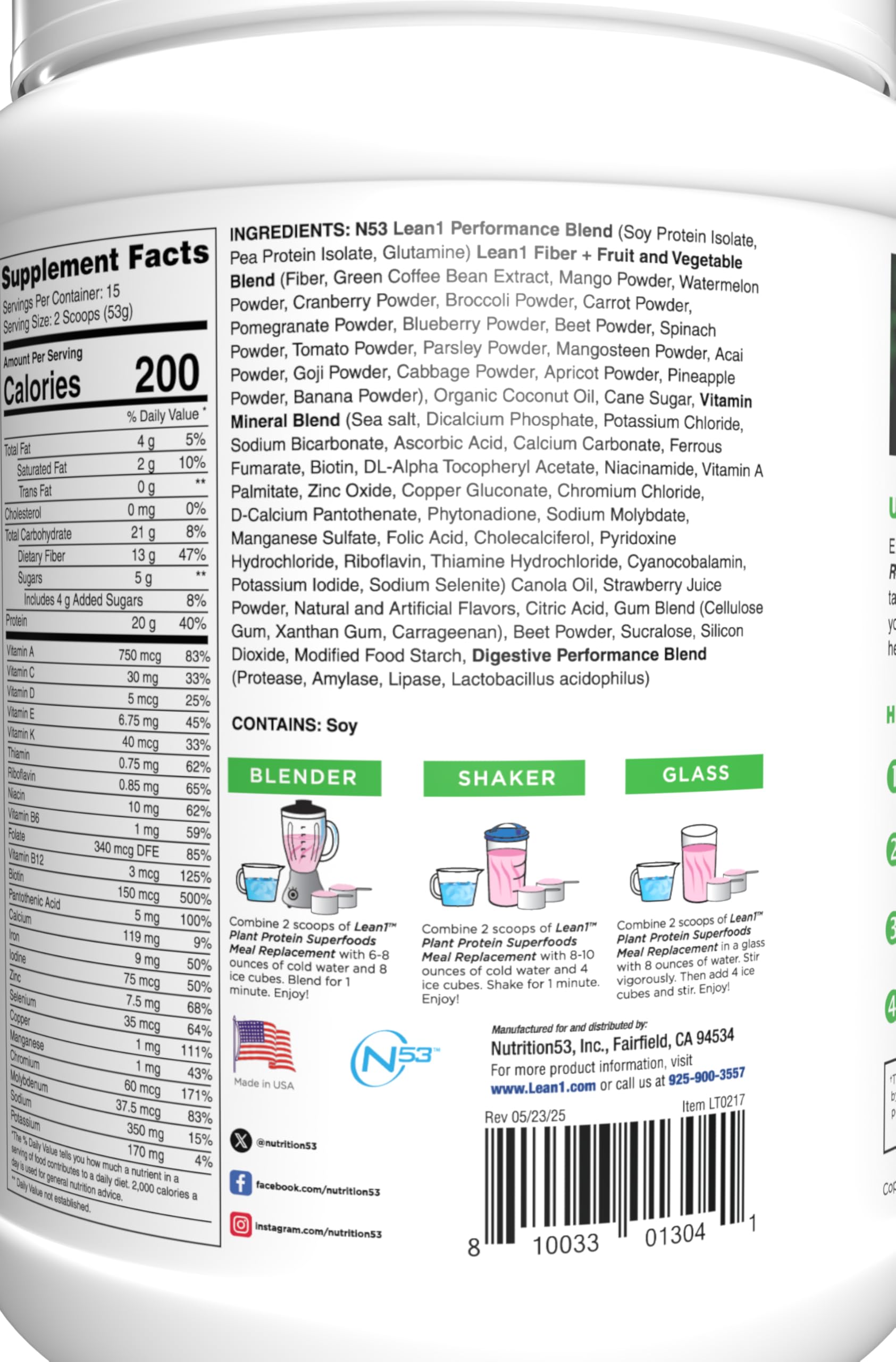 LEAN1 nutrition label detail shows 20g protein and 18 superfoods per serving