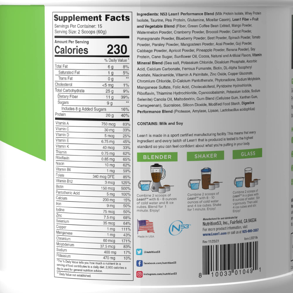 LEAN1 prepared shake in cup with straw represents a convenient snack option.