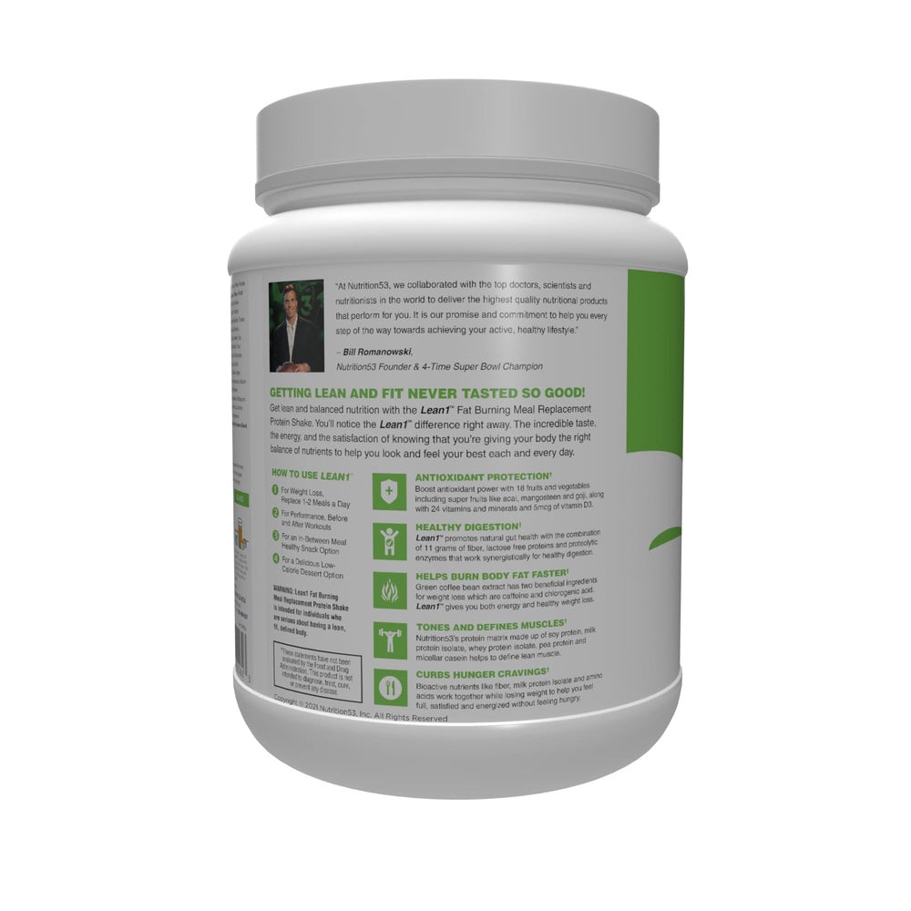 LEAN1 protein-matrix graphic reflects soy, milk, whey, and pea proteins.