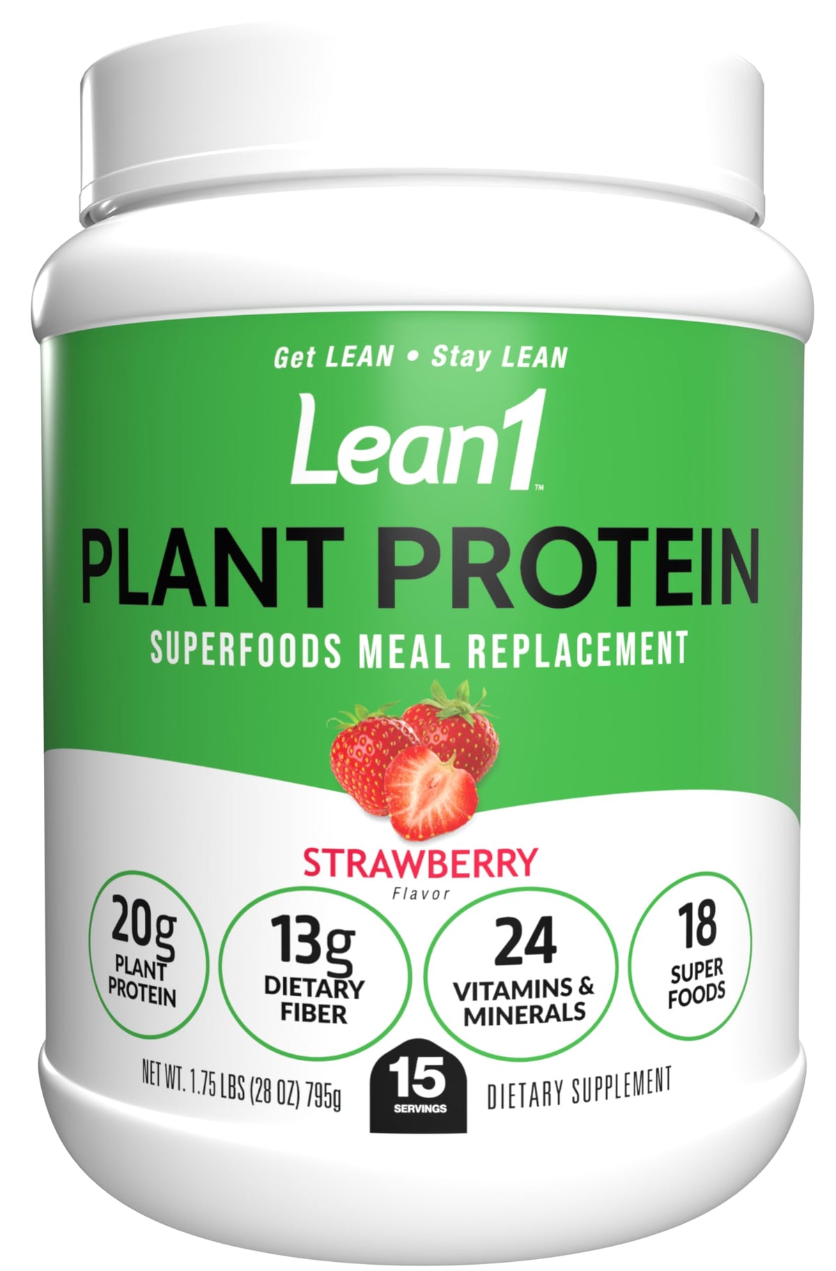 LEAN1 strawberry flavor tub showing a protein packed meal option