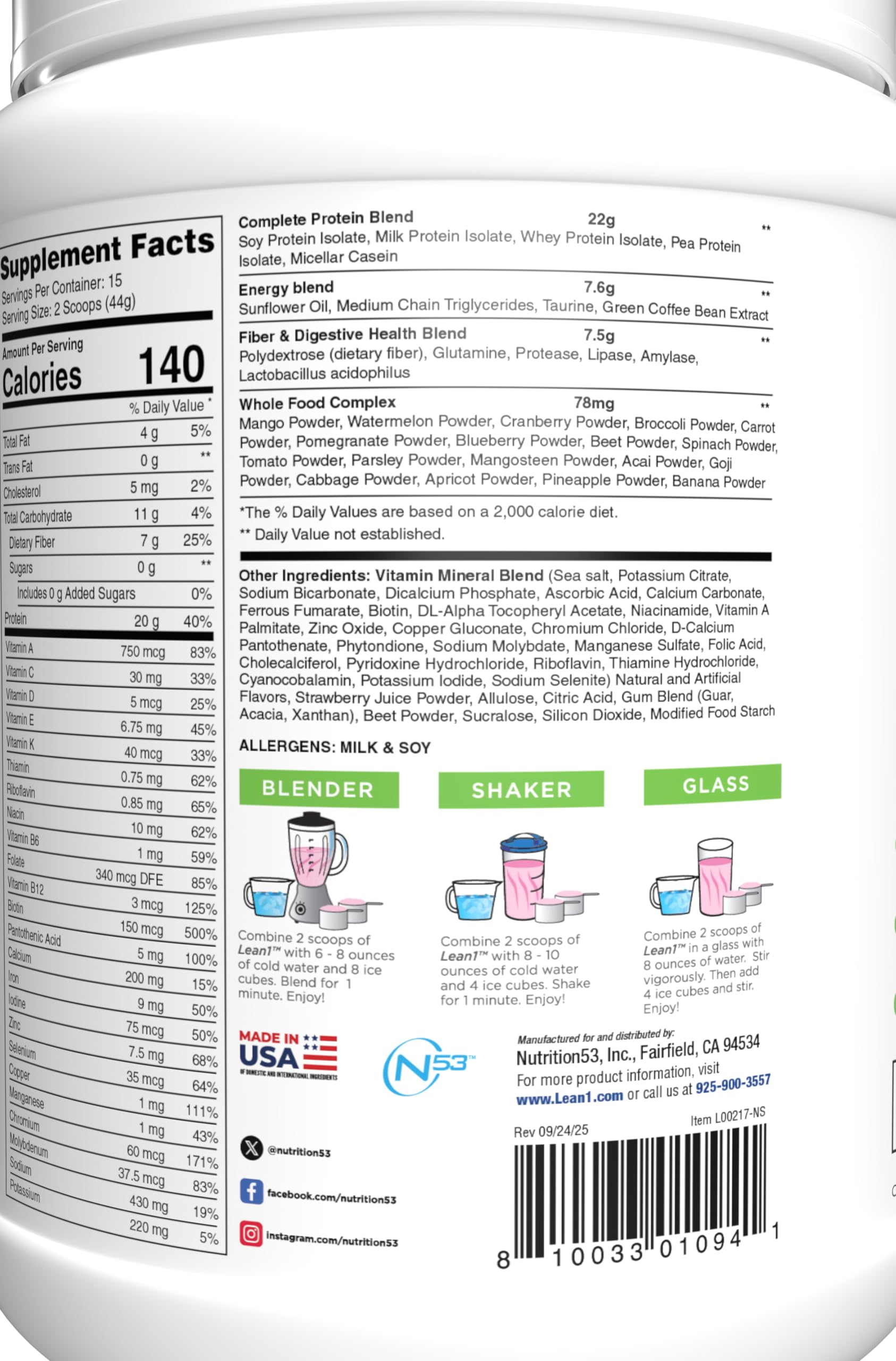 LEAN1 strawberry scoop on tub illustrates easy serving for on-the-go snacks