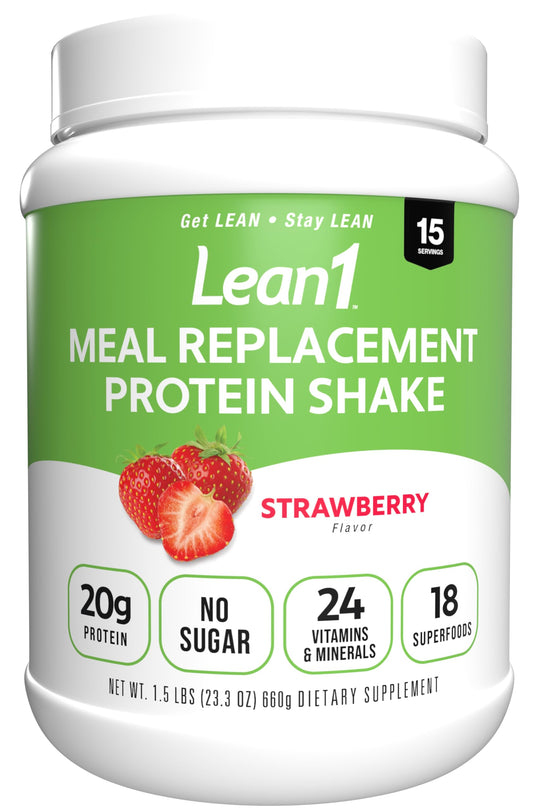 LEAN1 strawberry meal-replacement tub front view for quick nutrition