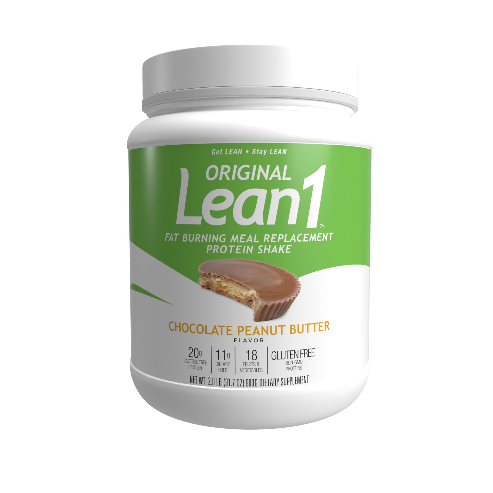 LEAN1 chocolate peanut butter powder tub for a protein-rich meal replacement option.