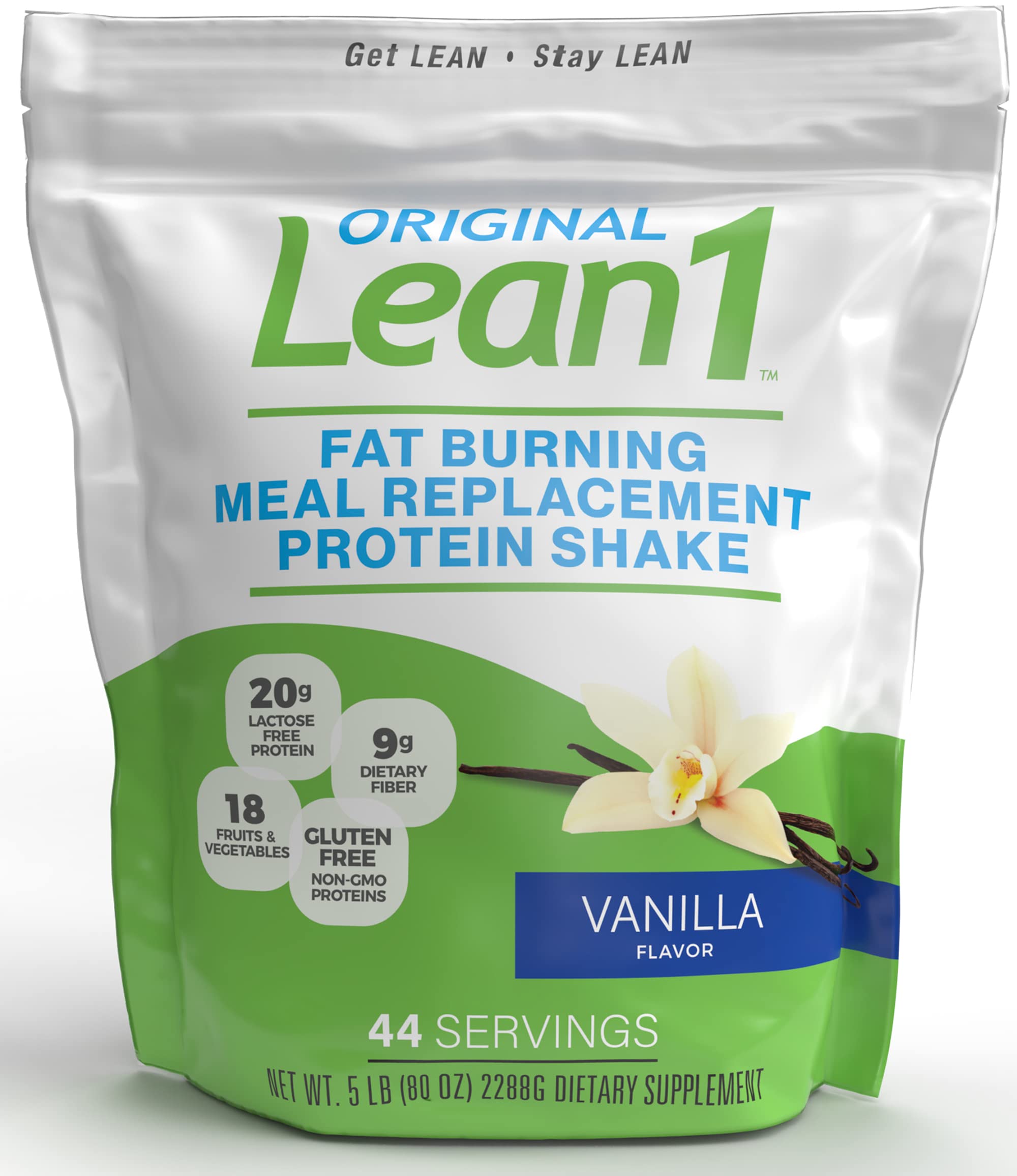 Lean1 Vanilla meal replacement shake bottle—convenient breakfast or post-workout refuel.