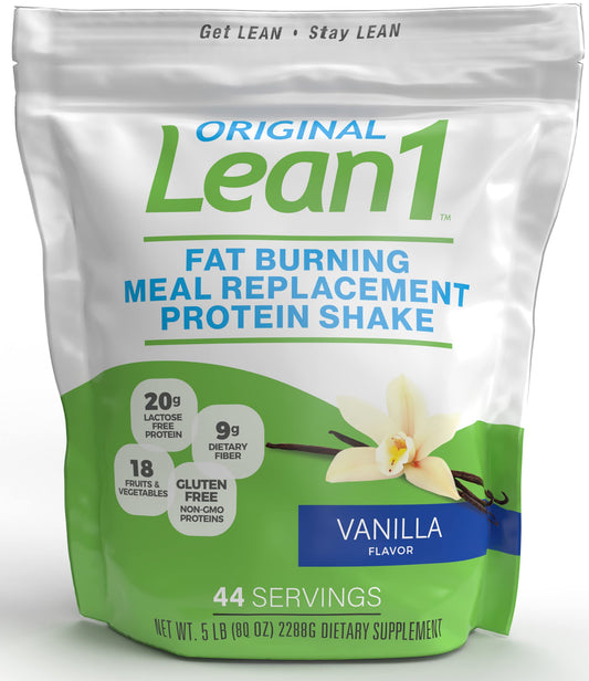 Lean1 Vanilla meal replacement shake bottle—convenient breakfast or post-workout refuel.