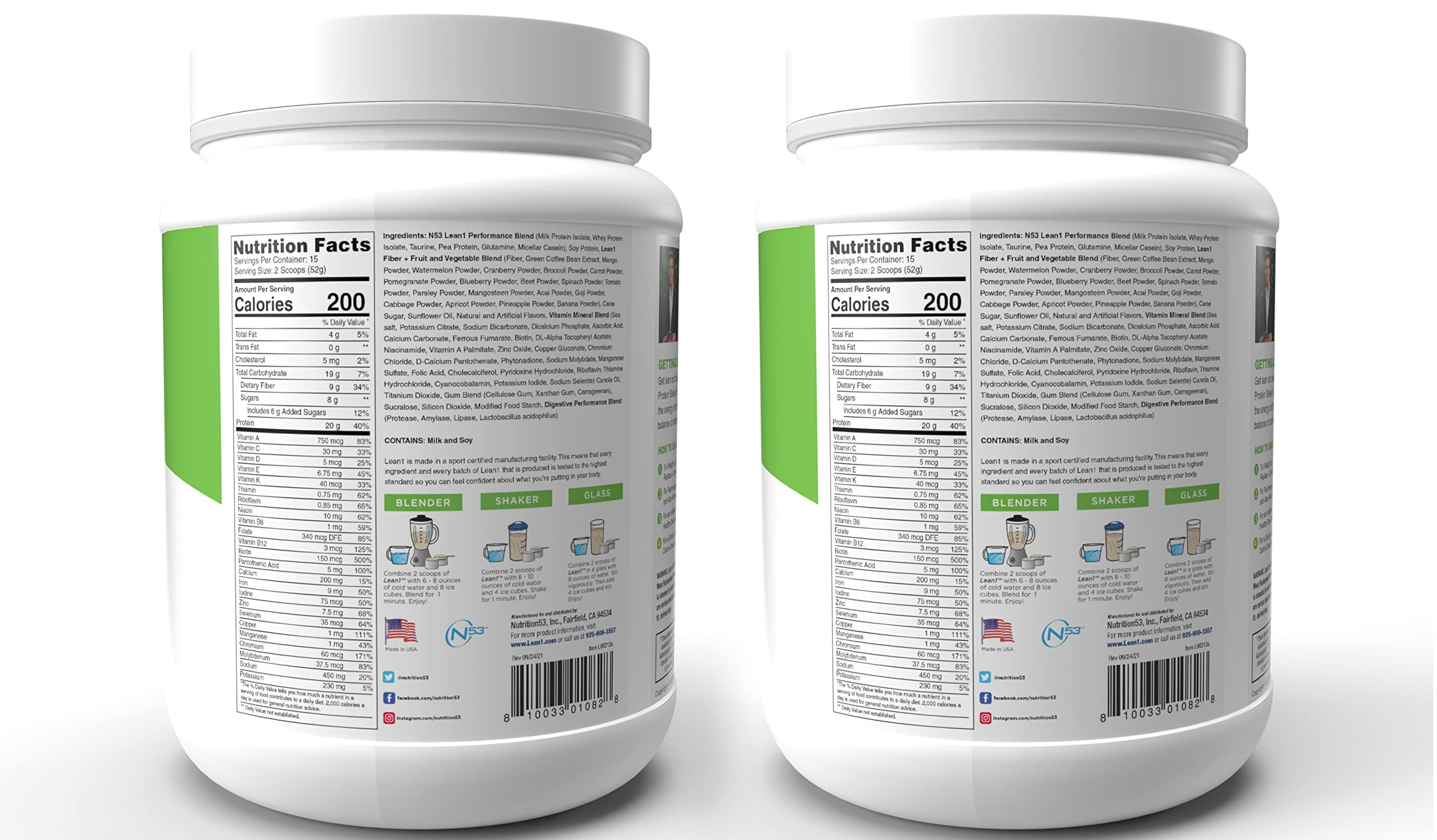 LEAN1 vanilla shaker pouring shake demonstrates easy post-workout nutrition.