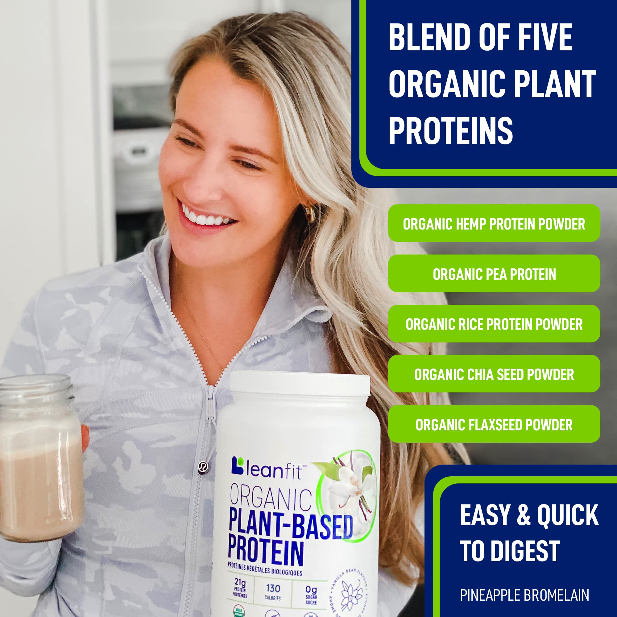 LeanFit icon row showcases dairy-free, gluten-free, soy-free features.