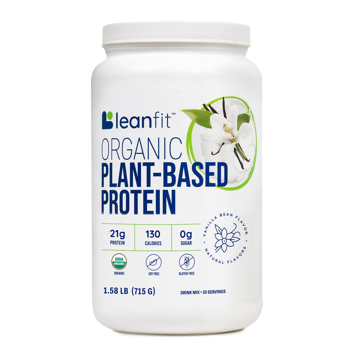 LeanFit Organic Plant-Based Protein Powder tub front showing vanilla flavor and branding for daily shakes.