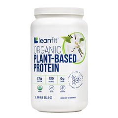 LeanFit Organic Plant-Based Protein Powder tub front showing vanilla flavor and branding for daily shakes.