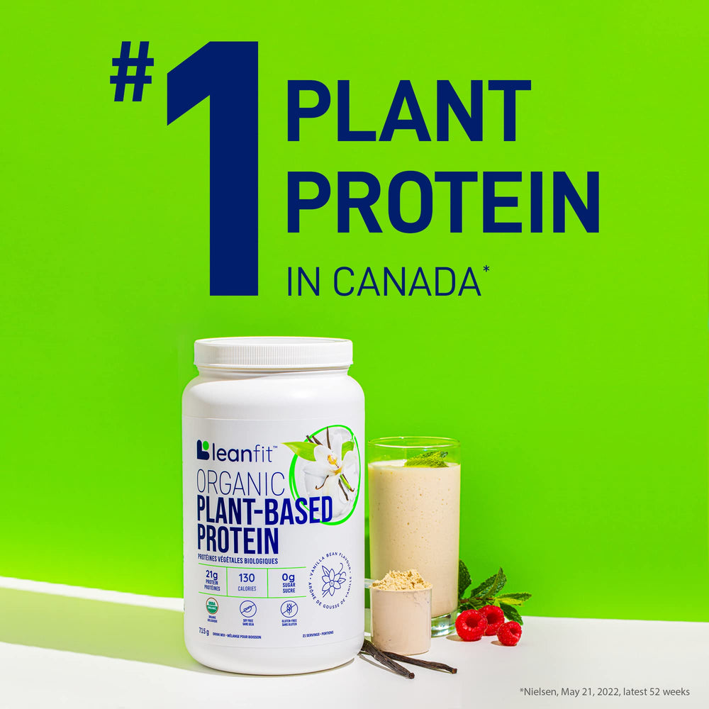 LeanFit vanilla shake in glass highlighting 21g protein per serving.