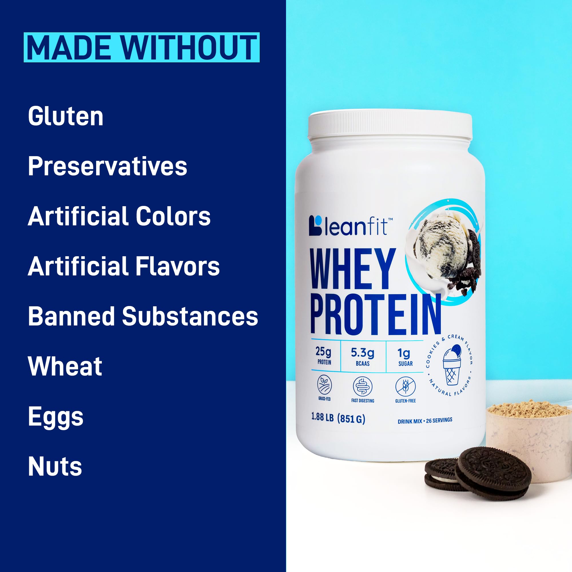 Cross-flow microfiltered whey illustration on LeanFit tub.