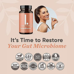 LEANFORGOOD LeanBiome bottle on table emphasizes convenient daily probiotic routine