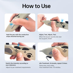 Leawell acupuncture pen in-hand usage shows portable, on-the-go therapy.