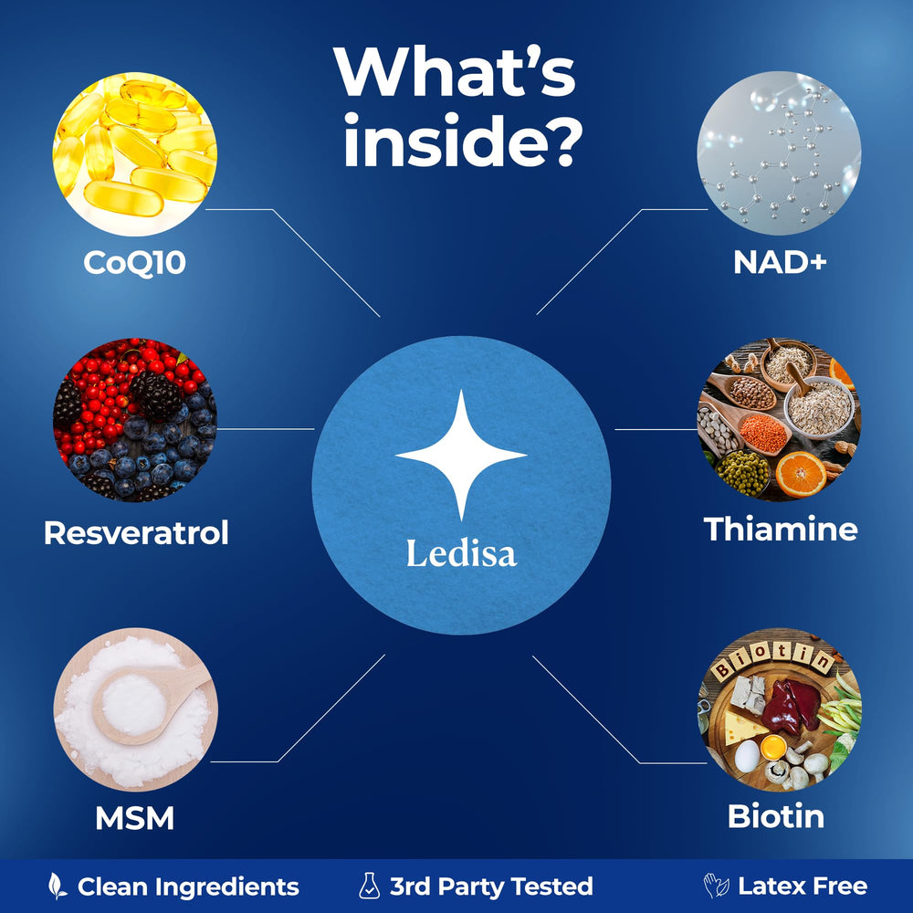 Ledisa NAD patch packaging box highlighting CoQ10 and nicotinamide