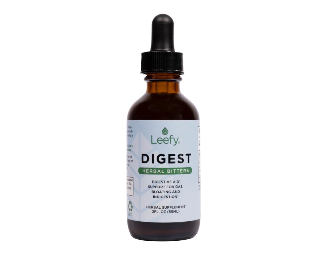 Leefy Digest 2oz bottle close-up showing herbal bitters for digestion support.
