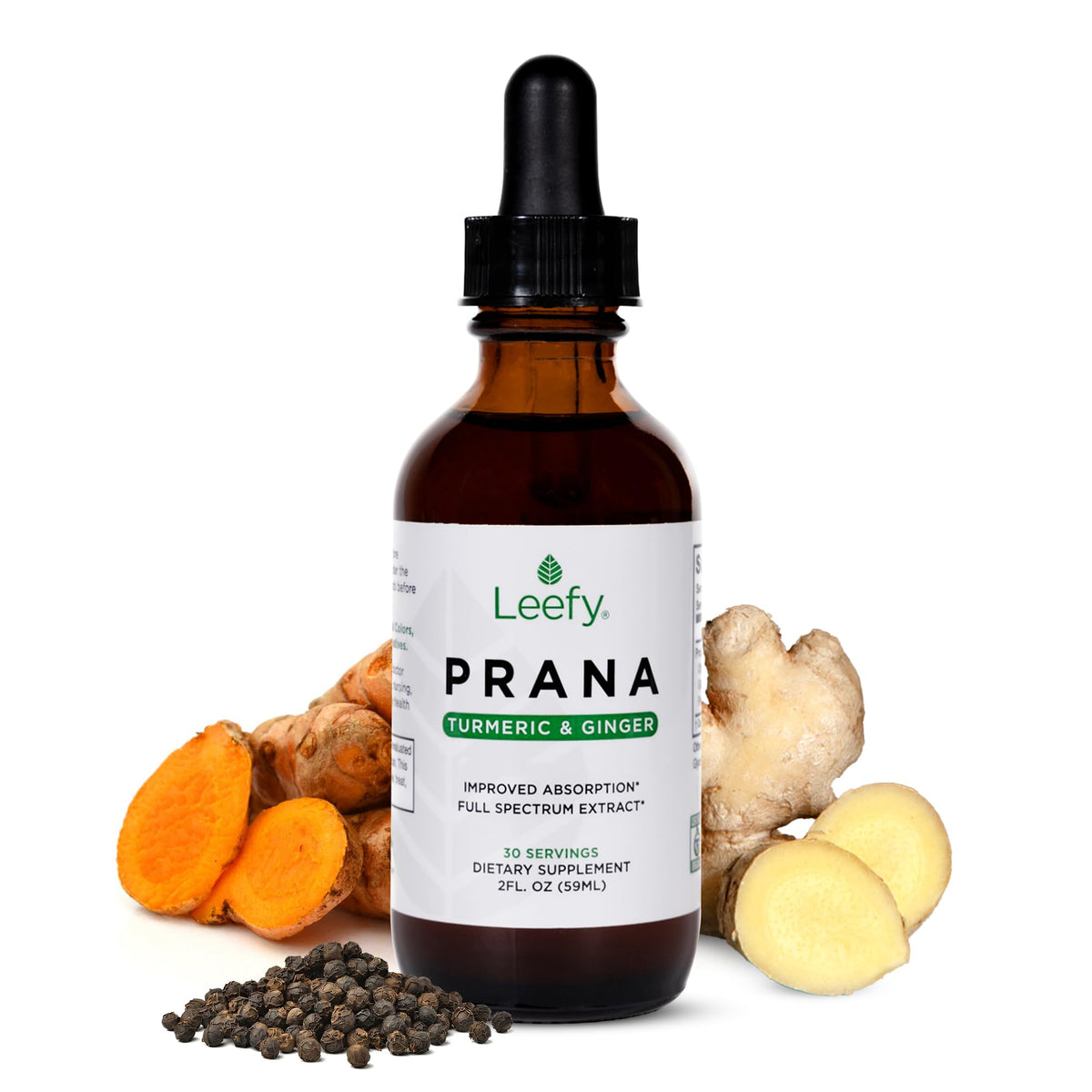 Leefy PRANA bottle front displaying organic turmeric blend for daily use.