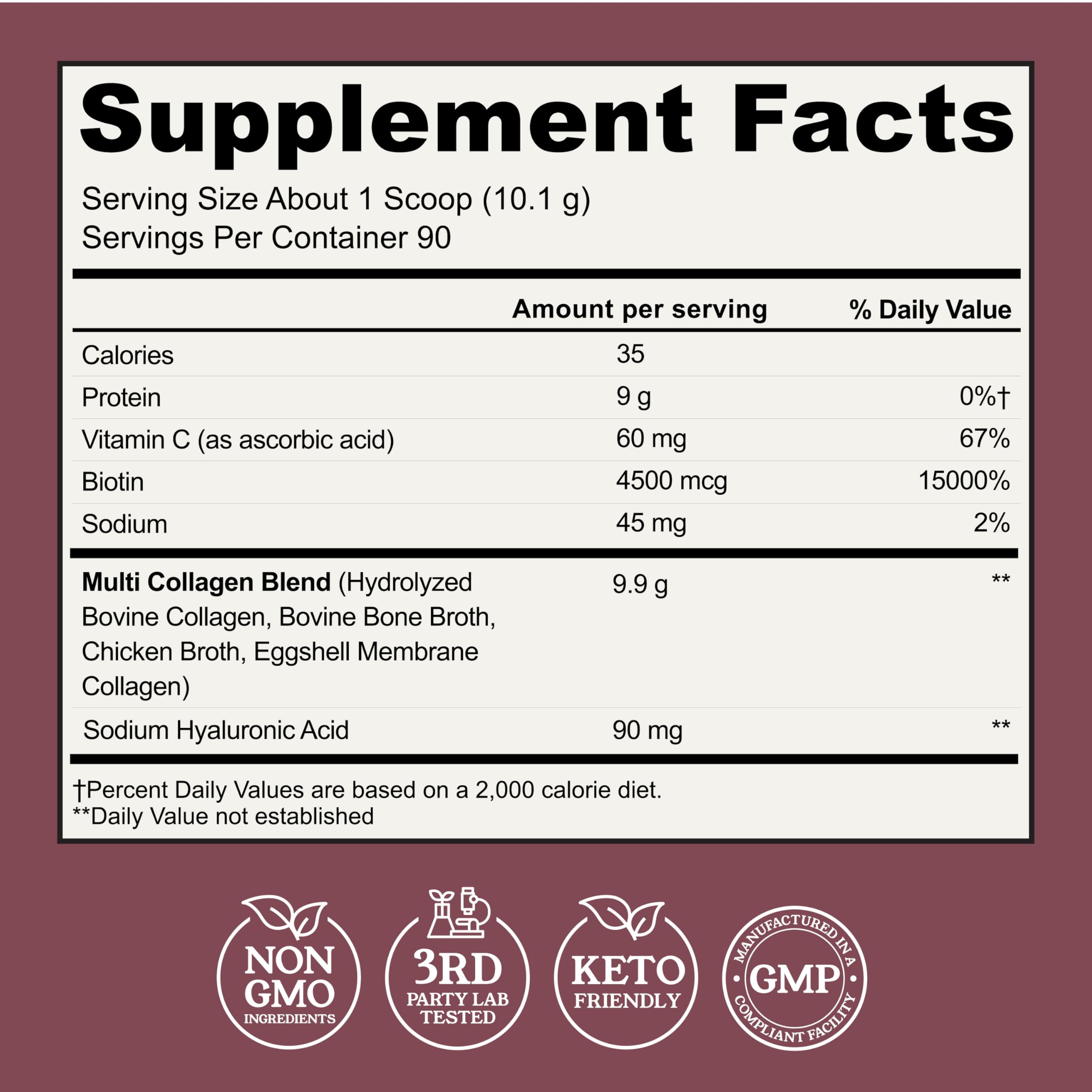 Ingredients panel with biotin, hyaluronic acid, and vitamin C