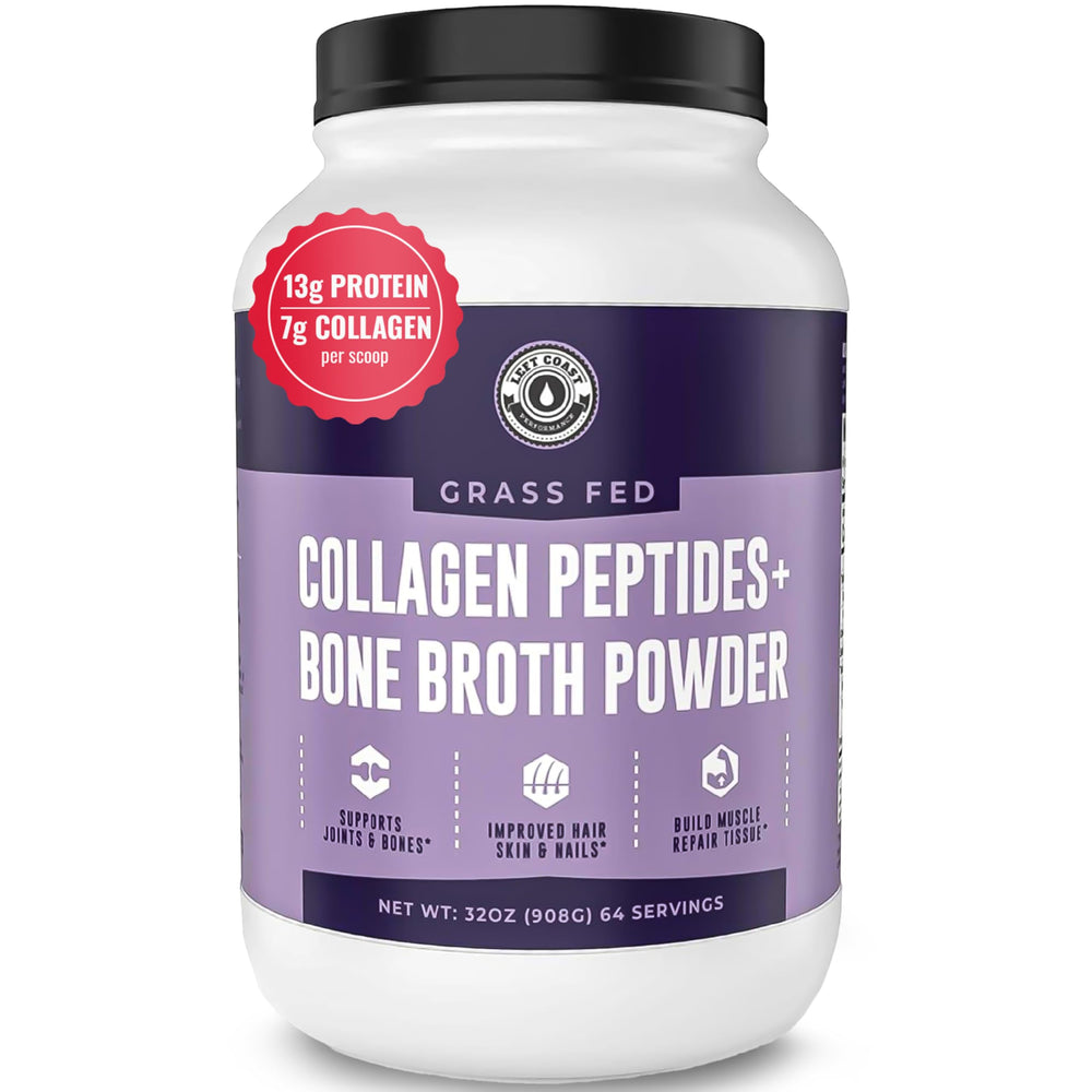 Left Coast Performance bone broth powder jar 32oz blends easily into hot drinks for protein support
