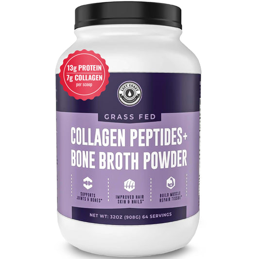 Left Coast Performance bone broth powder jar 32oz blends easily into hot drinks for protein support