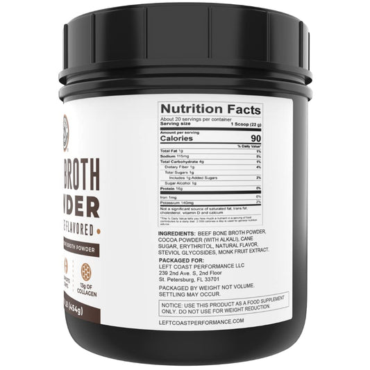 Left Coast Performance bone broth powder scoop showing easy-to-measure portions for precise blending.