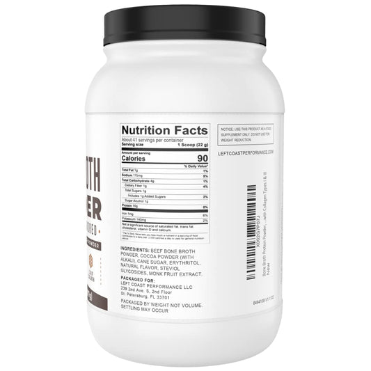 Label on Left Coast Performance bone broth powder chocolate showing dairy-free and keto-friendly notes.