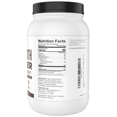 Label on Left Coast Performance bone broth powder chocolate showing dairy-free and keto-friendly notes.