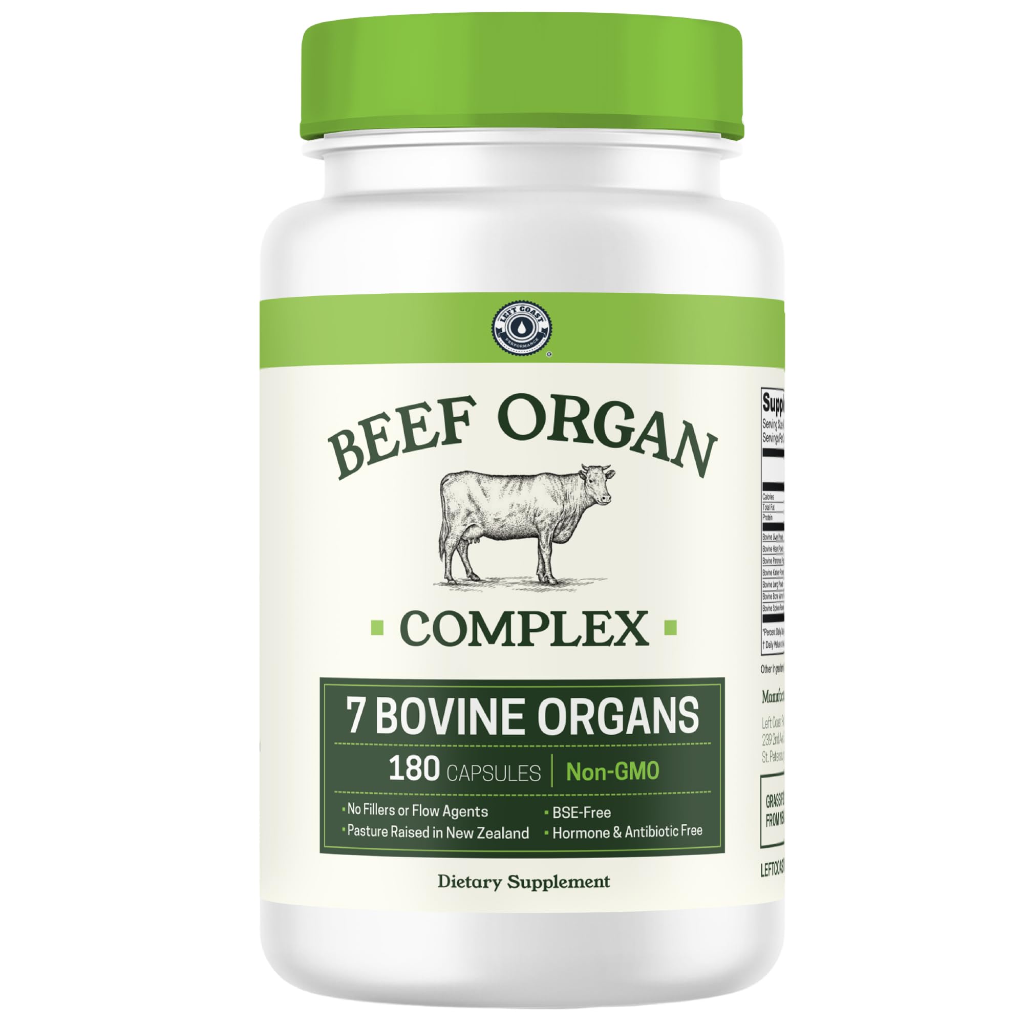 Left Coast Performance bottle front shows seven-organ blend for balanced nutrition.