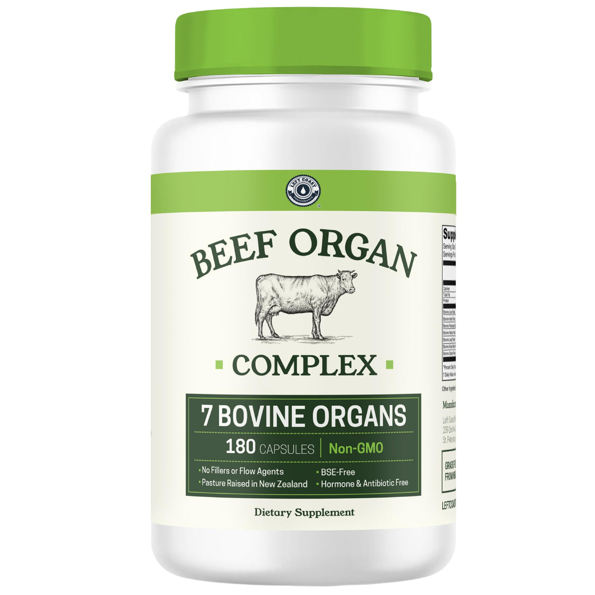 Left Coast Performance bottle front shows seven-organ blend for balanced nutrition.