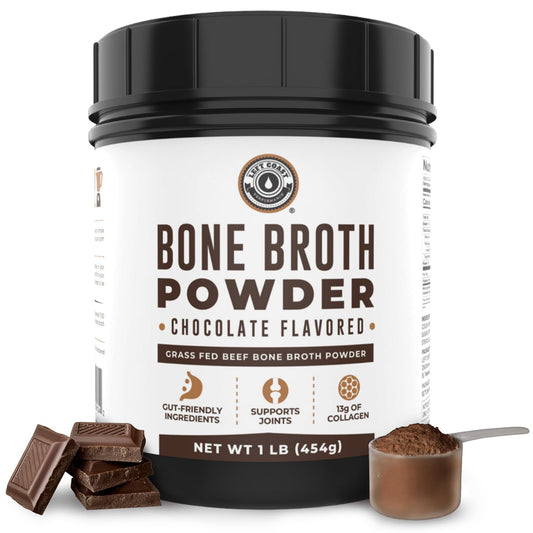 Left Coast Performance chocolate bone broth powder in a jar, convenient protein option.
