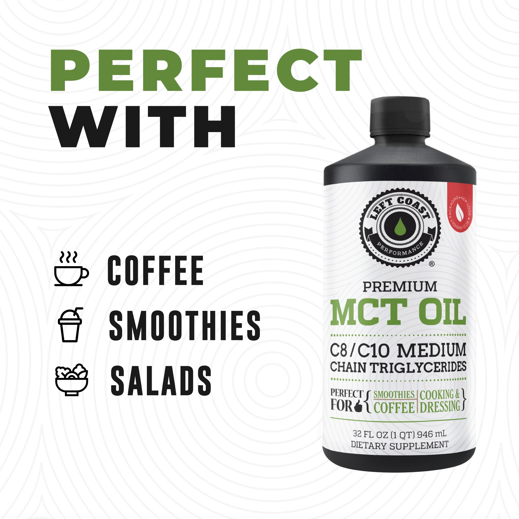 Left Coast Performance coconut MCT oil liquid ingredients highlighting C8 and C10