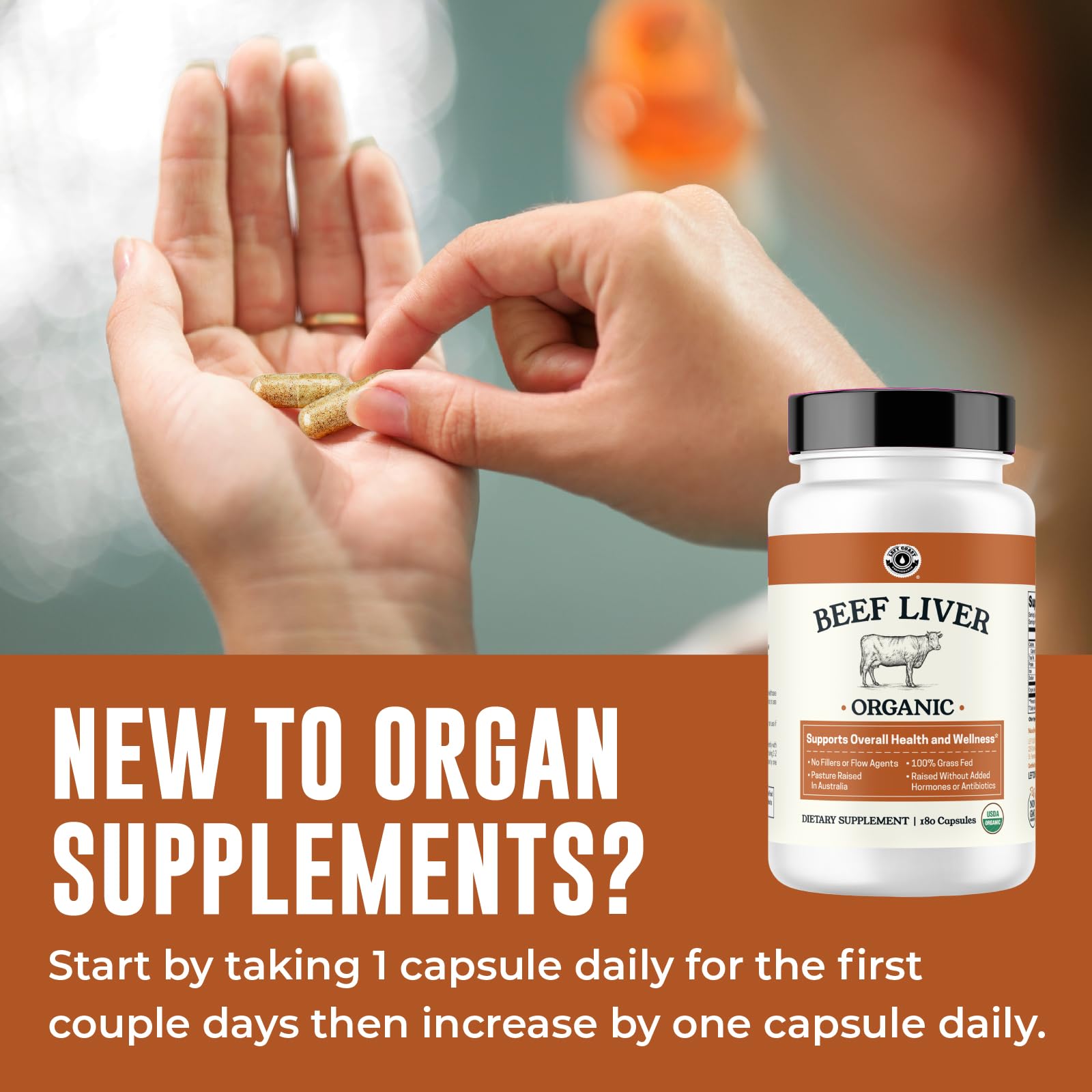 Left Coast Performance Grass-Fed Australian Liver Capsules with natural farm backdrop.