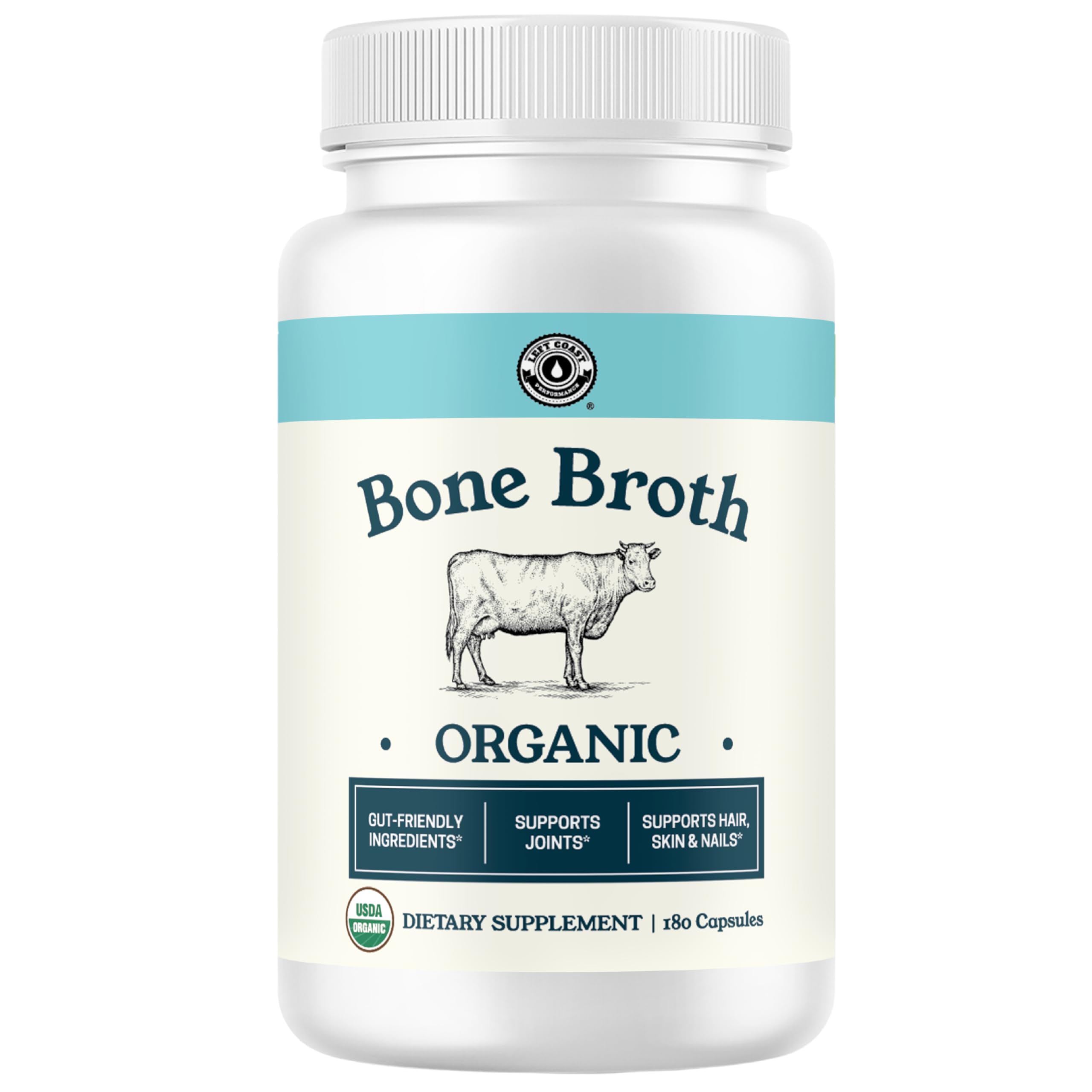 Left Coast Performance grass-fed bone broth capsules bottle for convenient joint and gut support.