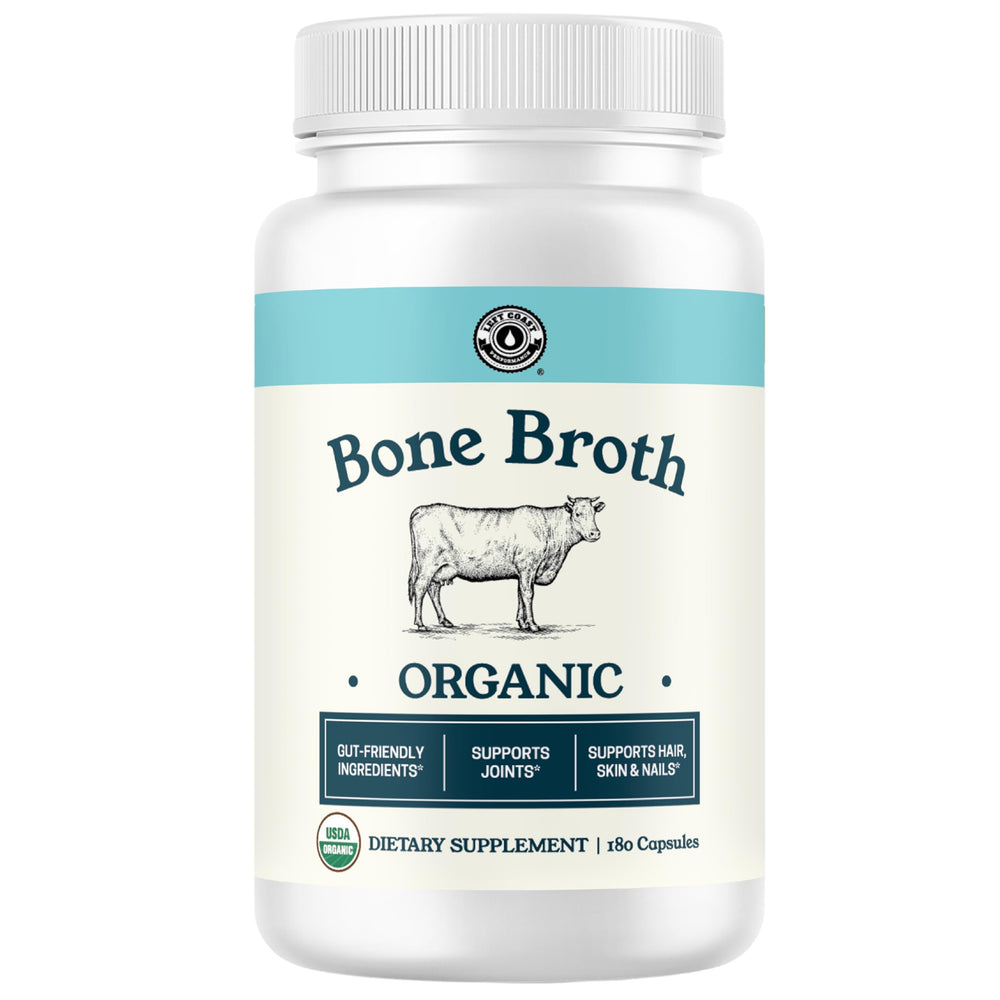 Left Coast Performance grass-fed bone broth capsules bottle for convenient joint and gut support.