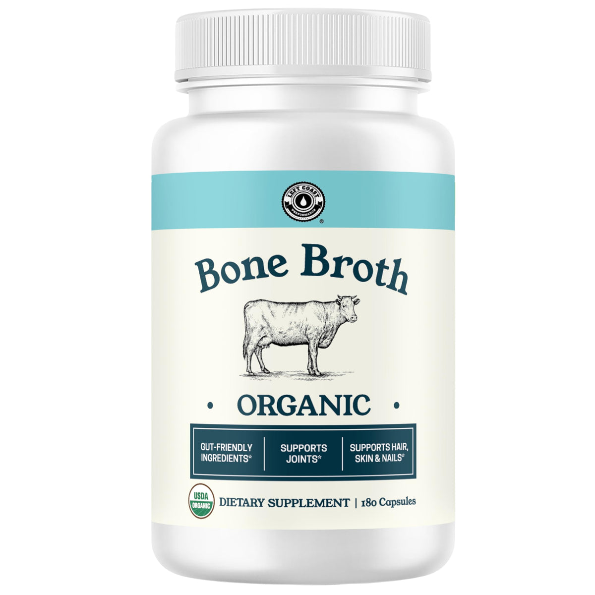 Left Coast Performance grass-fed bone broth capsules bottle for convenient joint and gut support.