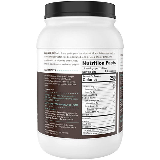 Left Coast Performance Keto Shake Chocolate scoop shows creamy texture and serving suggestions