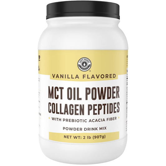 Left Coast Performance MCT Oil Powder bottle with vanilla for clean energy.