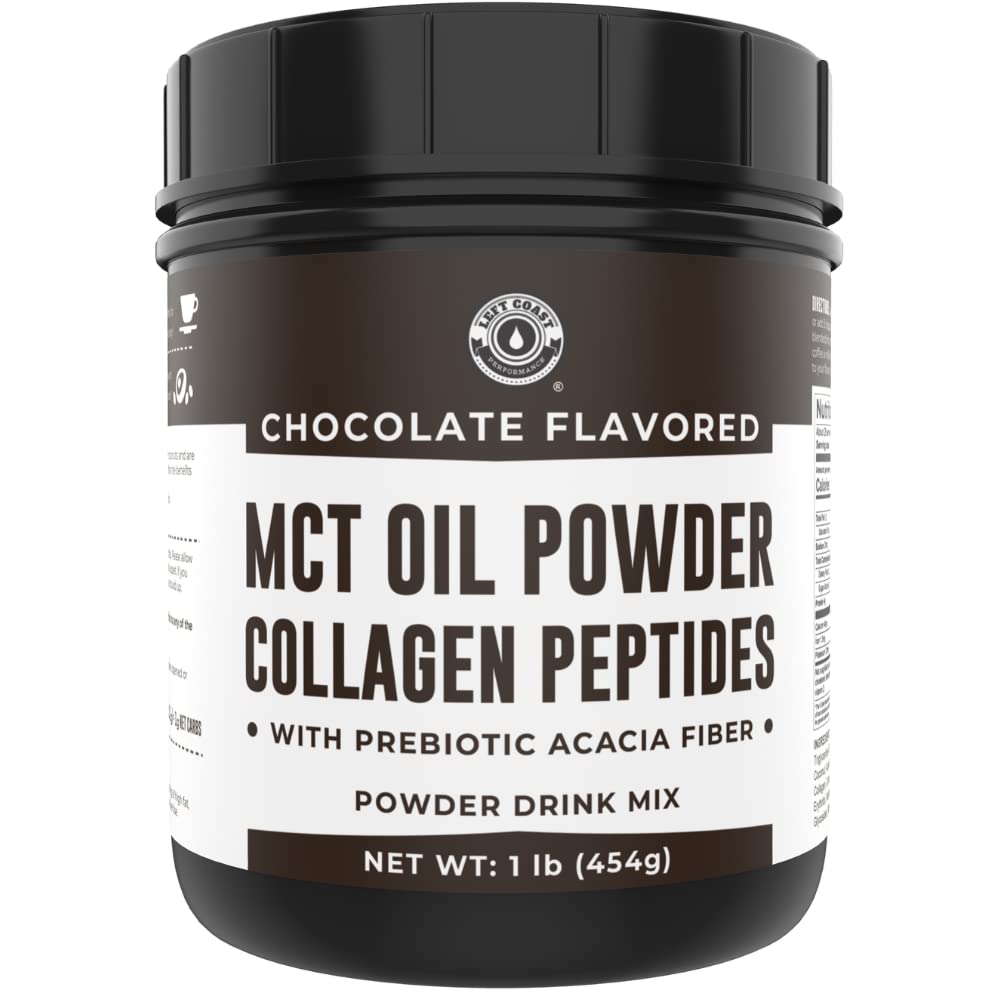 Left Coast Performance MCT Oil Powder label close-up, showcasing chocolate flavor for keto coffee creamer.