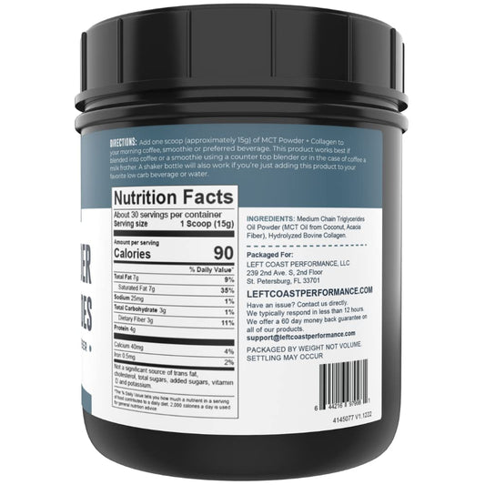Left Coast Performance MCT Oil Powder pouring into a cup for a creamy boost.
