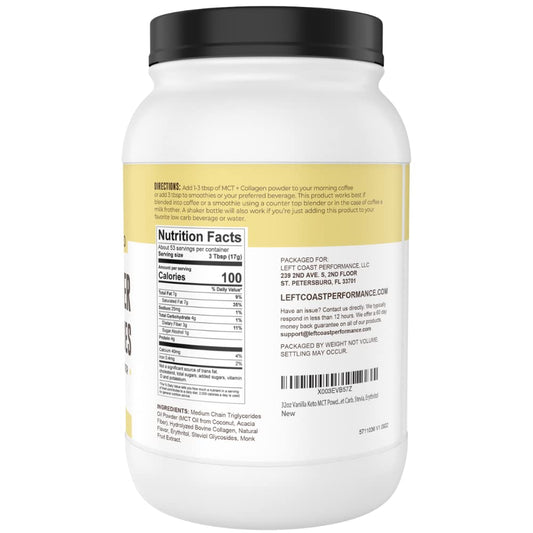 Left Coast Performance MCT Oil Powder scoop showing acacia fiber for digestion support.