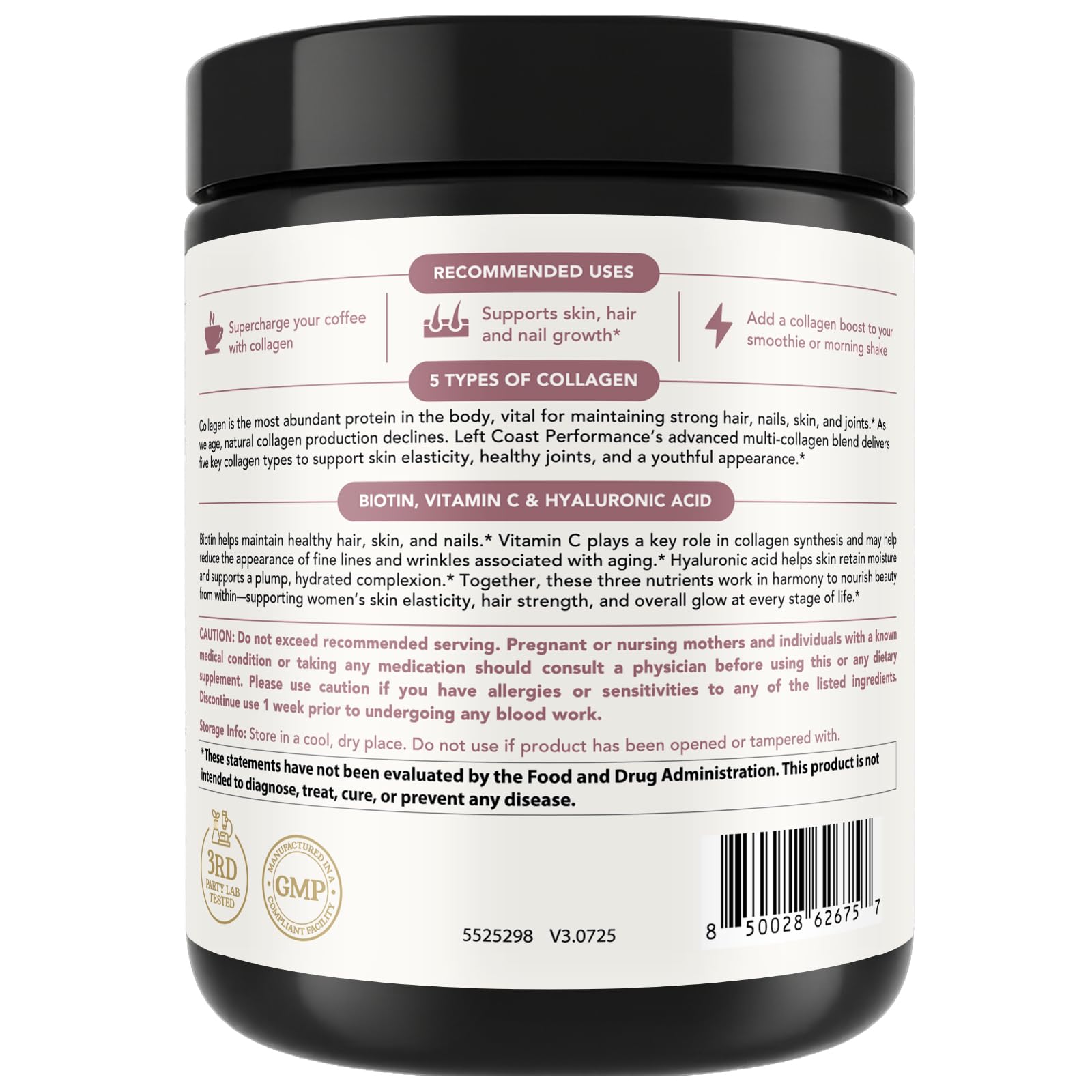 Bulk packaging of Left Coast Performance collagen powder in 16 oz jar