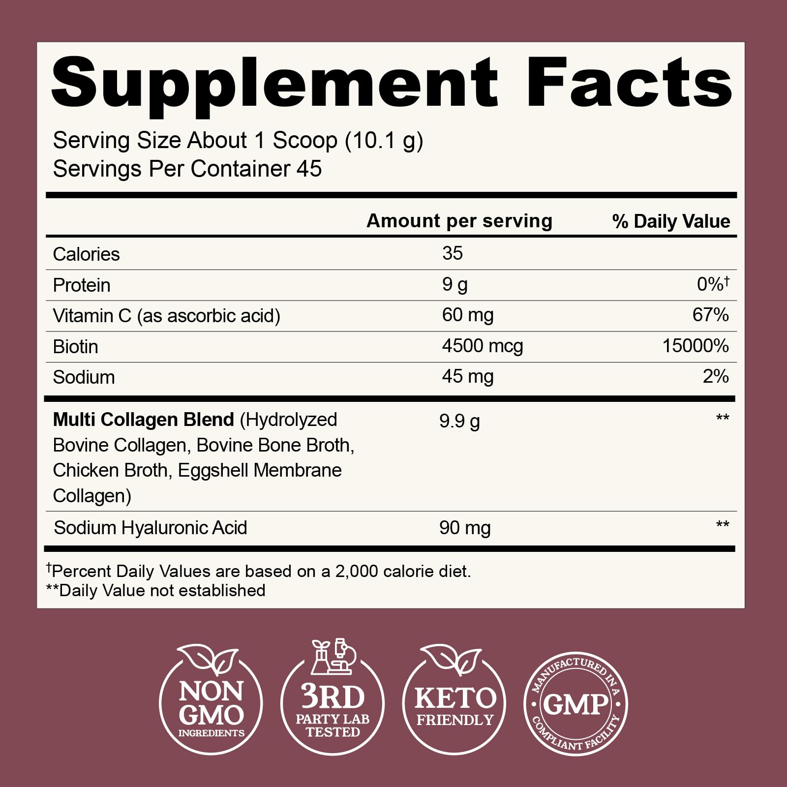 Label of Left Coast Performance multi-collagen powder highlights biotin and vitamin C benefits