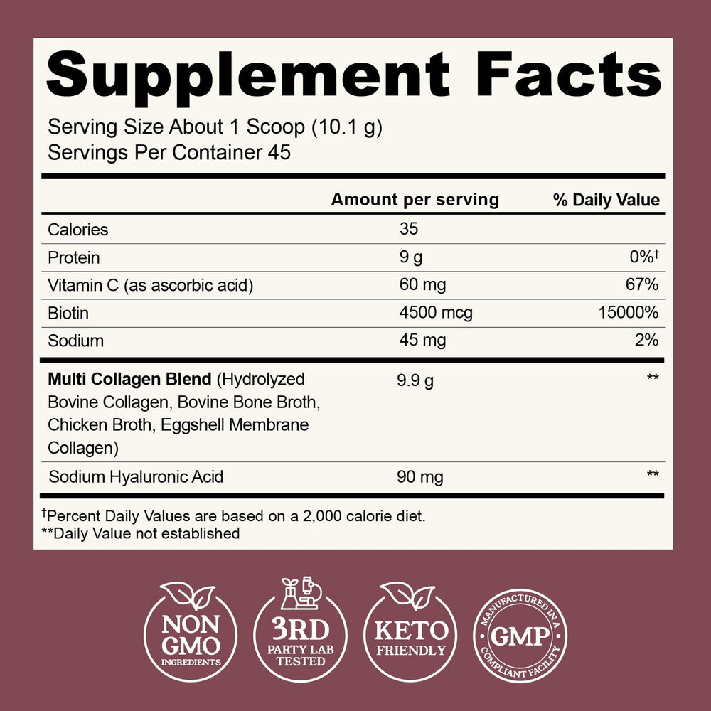 Label of Left Coast Performance multi-collagen powder highlights biotin and vitamin C benefits